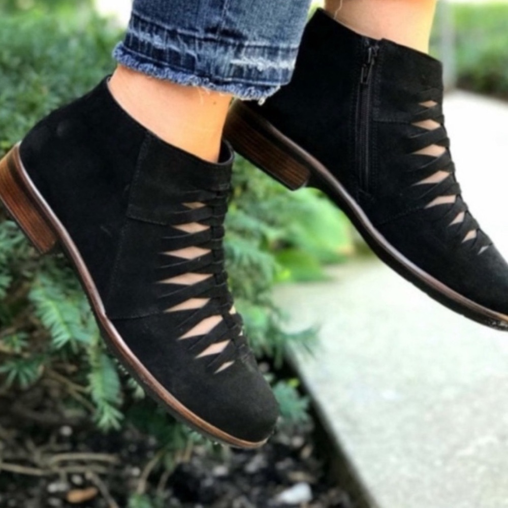 Naot Black and Tan Ankle Boots with Strappy Cutouts